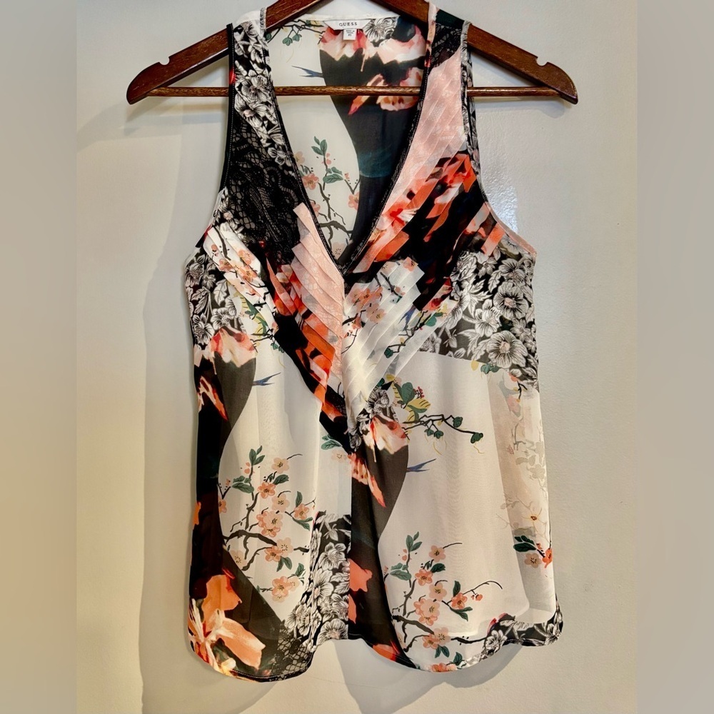 Guess| Multicolour Black Pink Floral V-Neck Pleated Sleeveless Blouse Sz XS